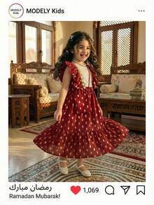 Young Girl Gold Polka Dot Pattern Round Neck Ruffle Hem Cute Dress - Multicolor - View 1