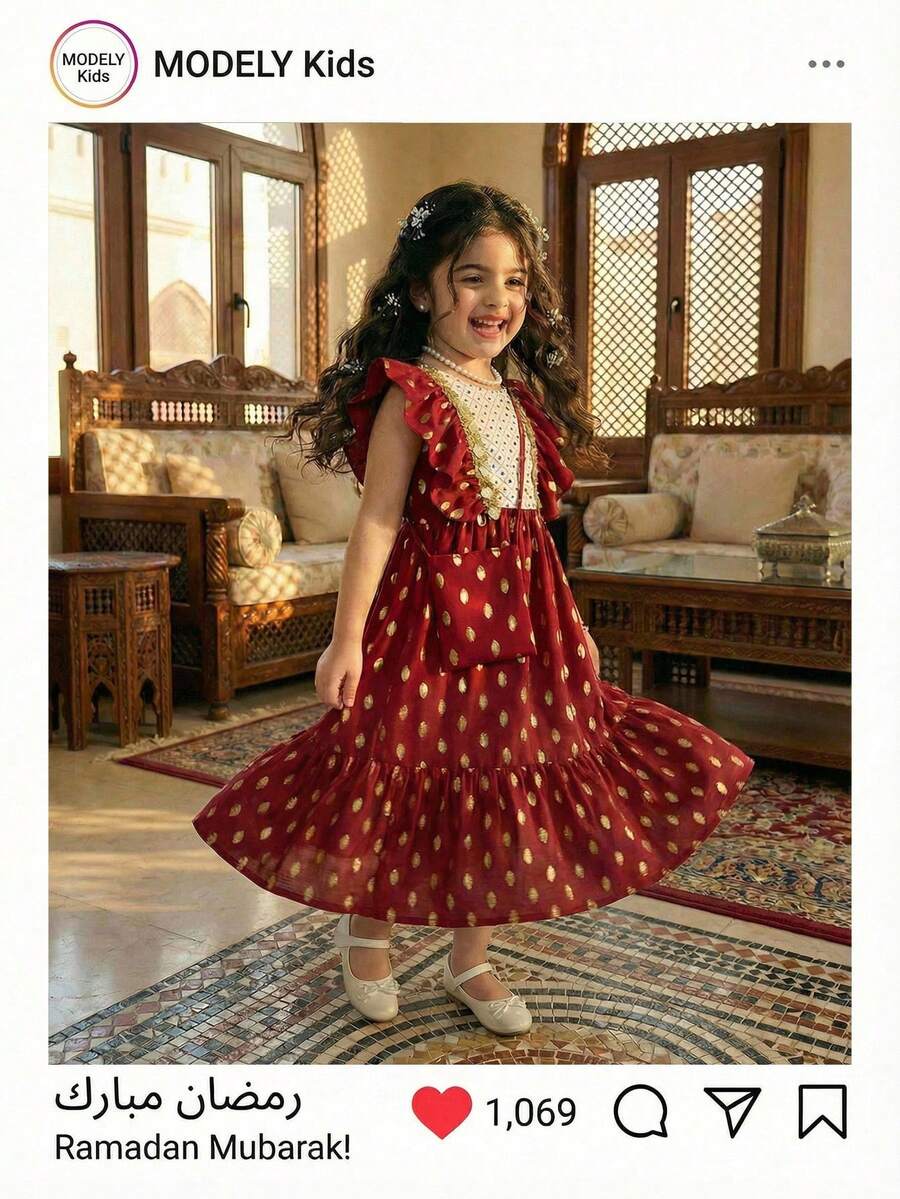Young Girl Gold Polka Dot Pattern Round Neck Ruffle Hem Cute Dress - Multicolor - View 1