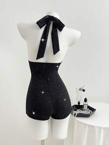 Elamini Women's Solid Color V-Neck Halter Sleeveless Fitted Jumpsuit - Black - View 2