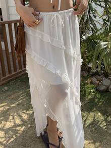 Livesso Spring & Summer White Ruffled Asymmetric Hem Casual Vacation Beach Chiffon Skirt, Elegant For Commuting, Romantic, Wedding - White - View 7