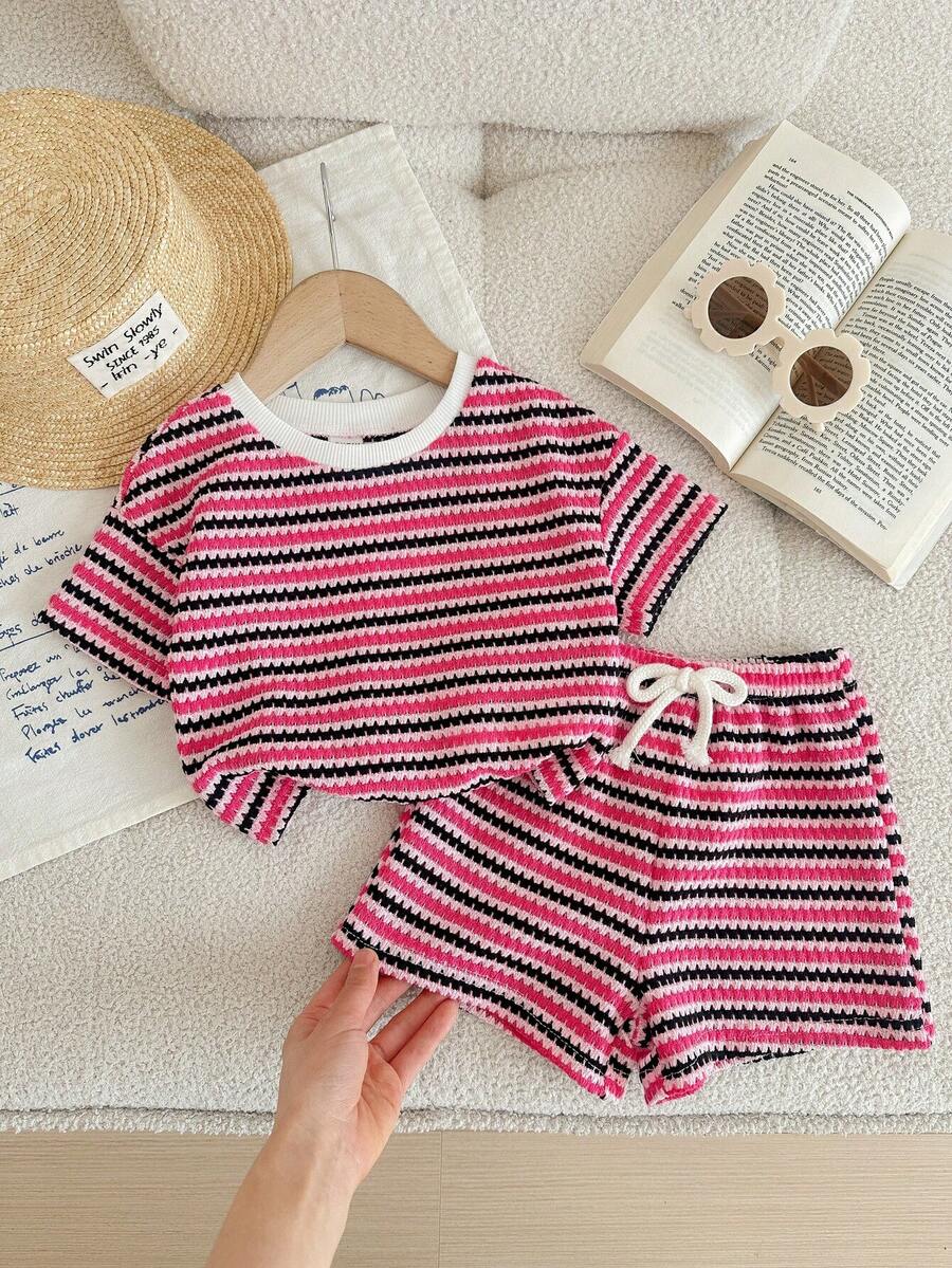 LMoss Kids Bộ 2 món áo thun cổ tròn kẻ sọc dệt kim cho bé gái và quần short - Nhiều màu - Xem 1