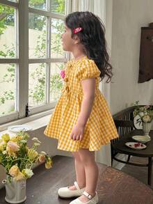 LMoss Kids 女婴格子圆领花瓣袖修身休闲连衣裙 - 黃色 - 查看 8