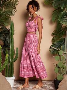 Travachic 复古撞色条纹休闲夏季度假风半身裙，女士度假休闲套装，适合夏季假期、春假、派对、海滩、春季、情人节、女士情人节、狂欢节服装，优雅、花卉、狂欢节、春夏交替、派对、波西米亚风、墨西哥风 - 紅白色 - 查看 6