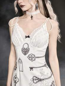ROMWE Spring/SummergraphicwhiteGothic Lolita Style Keyhole Print & Lace Trim Fitted Mini Dress For Women, Spring/Summer - White - View 2