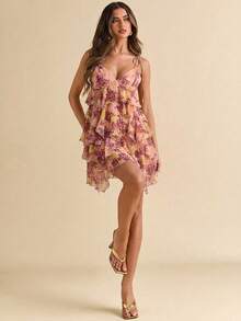Vestido de vacaciones de verano con detalles de volantes, vestido de gasa con hojas de loto, vestido de tirantes, para festival deúsica country, concierto, regreso a la escuela, - Rosa - Ver 3