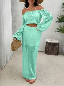 EURMUSE Conjunto de 2 piezas de top de punto con hombros descubiertos y falda midi de punto, conjunto de playa coordinado - verde menta - Ver 7