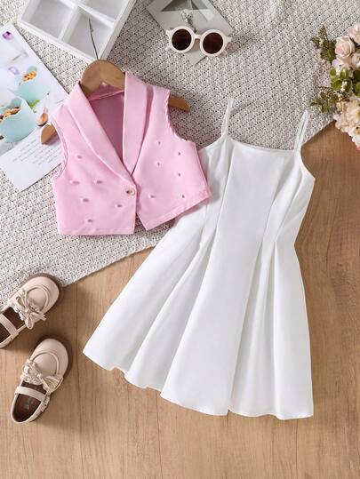 SHEIN Genkimix Kids 少女夏季时尚仿珍珠装饰西装背心和褶皱吊带连衣裙套装