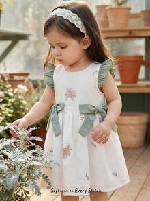 Cozy Pixies Đầm bé gái cổ tròn tay ngắn, eo thắt, phối màu tương phản với nơ, đa năng và thoải mái. - màu xanh lá - Xem 10
