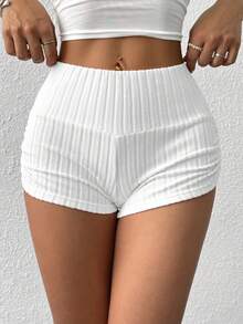 SHEIN EZwear Slim Fit Ribbed Knit Ruched Shorts, Summer - White - View 4