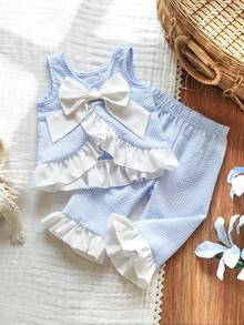 Vintaside Kids Baby GirlCountryside Style Blue Plaid Detachable Bow White Lace Outfit - Blue - View 5
