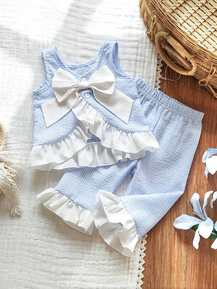 Vintaside Kids Baby GirlCountryside Style Blue Plaid Detachable Bow White Lace Outfit - Blue - View 1