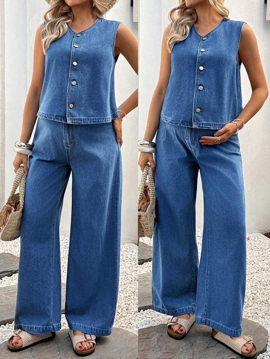 SHEIN 孕妇V领单排扣无袖上衣搭配阔腿牛仔裤休闲装 - 藍色 - 查看 1