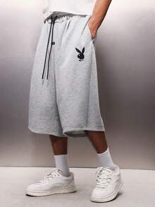 PLAYBOY X SUMWON Quần short jersey dáng suông, dài đến dưới đầu gối, có dây rút ở eo và chun co giãn, kiểu dáng rộng rãi, thoải mái, thích hợp cho mùa hè, có túi hai bên. - Xám - Xem 1