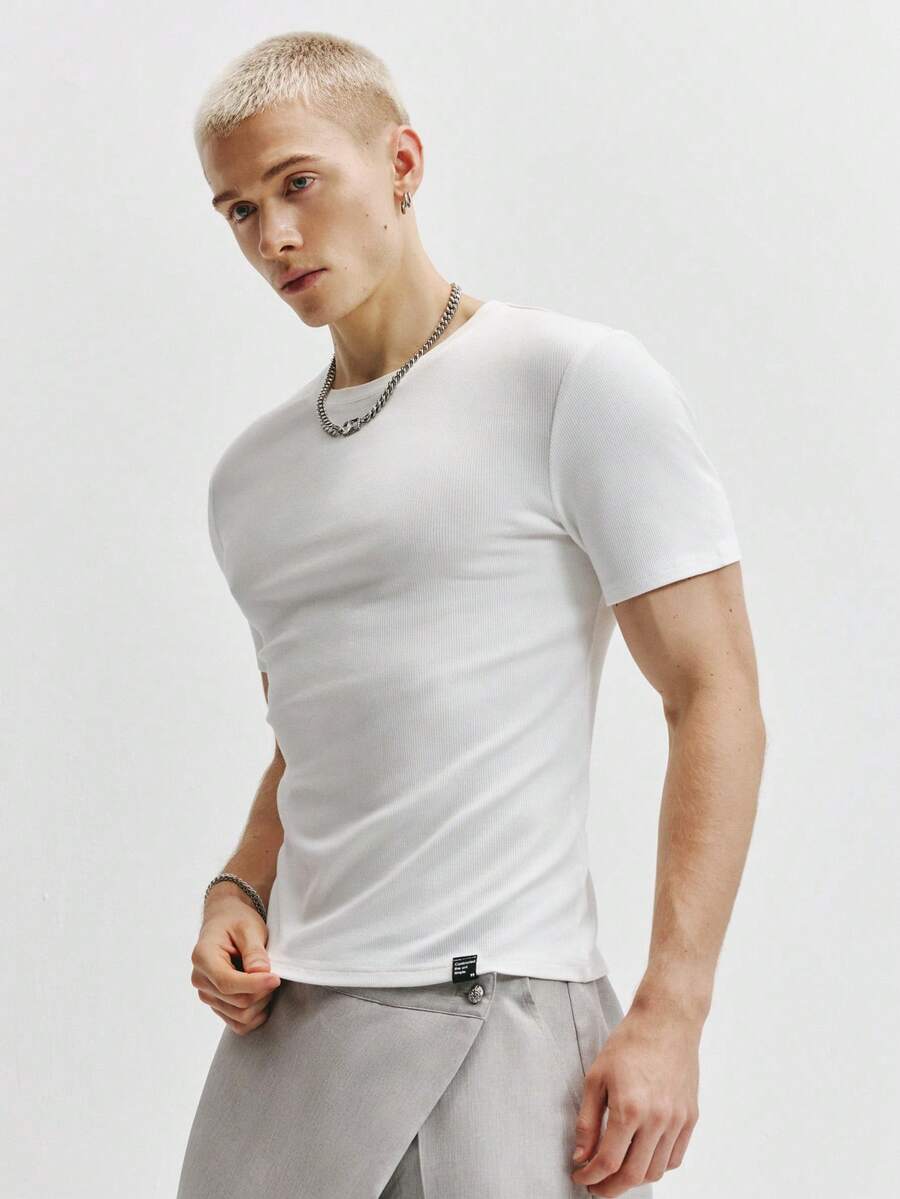 TOKVUE 男士圆领短袖修身休闲百搭T恤 - 卡其色 - 查看 1