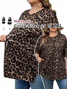 SHEIN CURVE+ Curve 尺码 US22 音乐节、海滨度假、波西米亚宽松豹纹圆领短袖T恤 - 彩色 - 查看 6