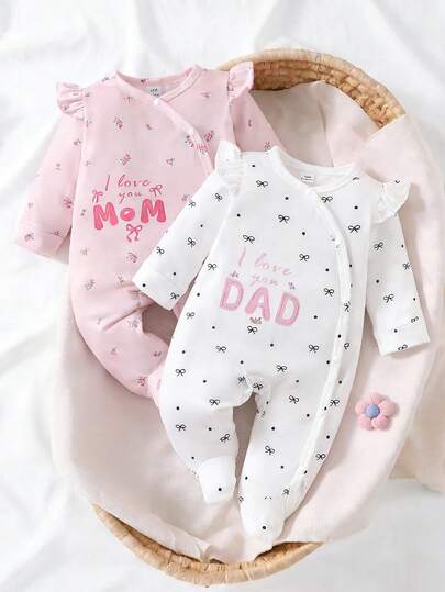 2pcs/Set Newborn Baby Ditsy Floral Snap-Up Romper & Pants, White & Pink Combo, Ruffled, Cute & Stylish, Soft & Comfortable, Suitable For All Seasons
