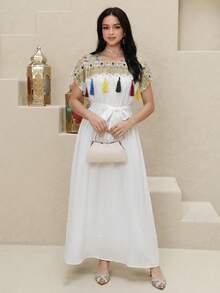 Al Najma Summer White Romantic Women's Round Neck Floral Embroidery Pattern Tassel Waist Tie Design Casual Party Arabic Style Dress Abaya Arabic-Style Long Kaftan Robe, Arabic Women's Dress, Turkish Dress, Abaya Robe, Traditional Women's Dress Arabic Style Long Dress Kaftan Jalabiya Dress Arabic Dress For Women Turkish Dress Abaya Dress Abaya For Women - Multicolor - View 4