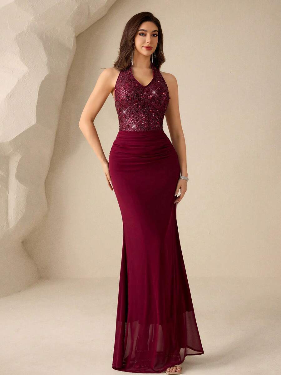 Coutiva Luxury Cocktail Party Dress With Beaded Embellishment, Elegant High-End Glamour - Burgundy - View 1