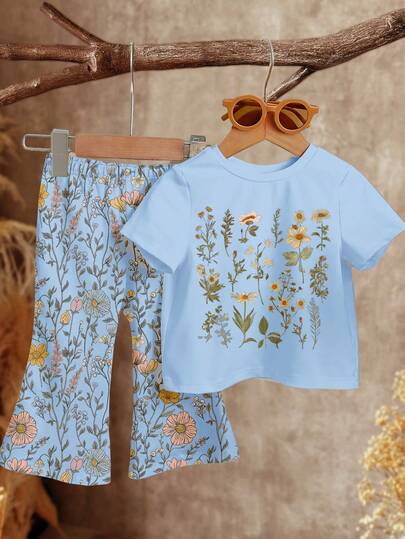 Cream Blue, Bohemian Floral Botanical Print, Baby Girl Casual Minimalist Short Sleeve Round Neck T-Shirt And Flare Pants Set, Suitable For Spring And Autumn, Autumn Outfits