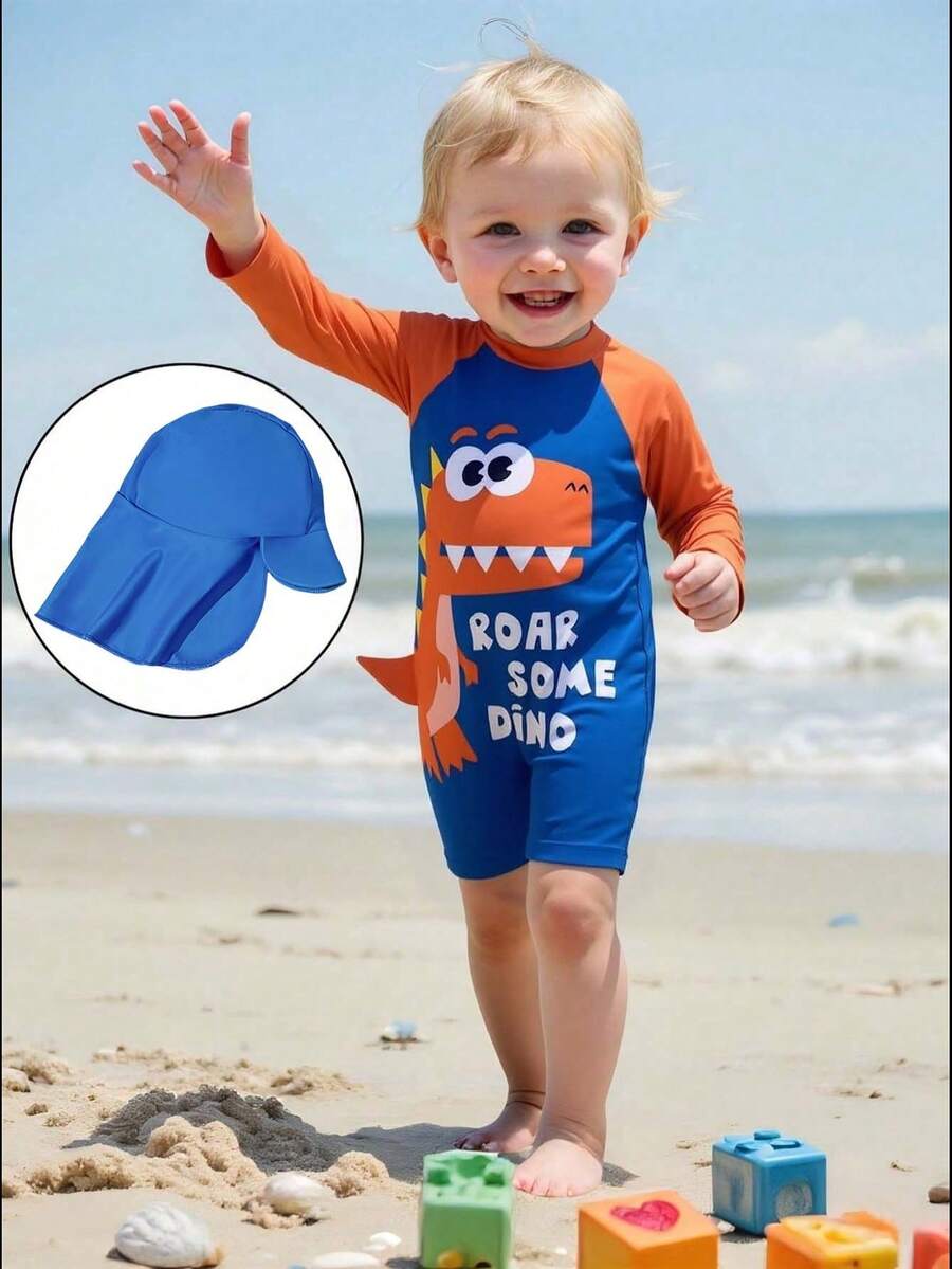 Baby Boys Swimwear, Cute Casual Vacation Blue Dinosaur Knit Fabric One-Piece Swimsuit With Hat, Fashionable Elegant Suitable For Swimming, Summer Vacation, Beach, Pool, Holiday Party - Orange - View 1