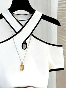 GlowEve Women's Contrast Trim Off Shoulder Fashion T-Shirt, Summer - Black and White - View 4