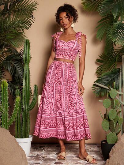 Travachic Retro Contrast Color Striped Casual Summer Vacation Style Skirt,Vacation Casual Terno Outfit For Women,Summer Holiday Outfits,Spring Break Outfits,Party Outfit,Beach Outfit,Spring Clothing,Valentine's Day,Valentine Outfits For Women,Carnival Costume,Elegant,Floral,Carnival,Spring To Summer ,Party , Boho,Mexican Style