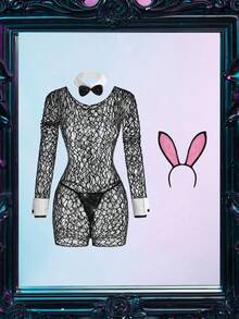 Spicy Aura 3pcs Bunny Waitress Costume,Sheer Stretchy Glittery Rhinestone Black Summer Sexy Club Rave Ladies Roleplay Outfit Lingerie For Women Cosplay - Black - View 1