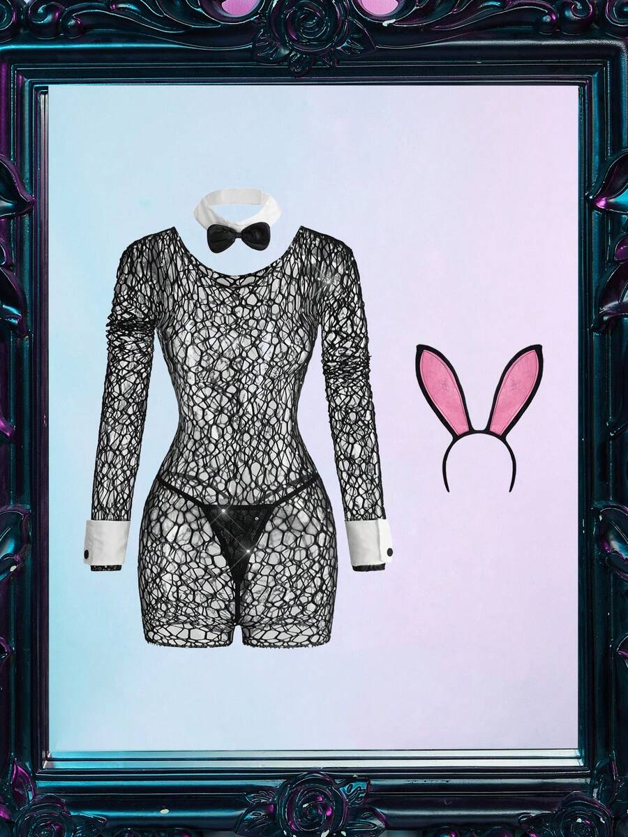 Spicy Aura 3pcs Bunny Waitress Costume,Sheer Stretchy Glittery Rhinestone Black Summer Sexy Club Rave Ladies Roleplay Outfit Lingerie For Women Cosplay - Black - View 1