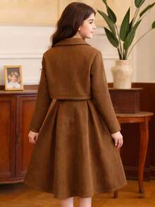SHEIN Tween Girl Casual Elegant French Style Short Jacket & Dress 2-Piece Set, Spring/Autumn - Brown - View 2
