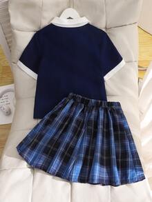 Set de 2 piezas: Blusa de cuello polo de manga corta y falda mini a cuadros, estilo escolar primavera/verano para adolescentes. Adecuado para la escuela, deportes o atuendos casuales. - Azul Marino - Ver 2