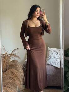 SHEIN MOD 2pcs/Set Plus Size Women's Coffee Brown Cardigan And Mid-Length Dress.Sophisticated Brown Two Piece Dress Ensemble Featuring A Slim Fit Gown And Flowy Kimono Style Shrug.Summer Outfits - Brown - View 10