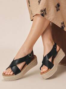 Styleloop Women's Fashion Solid Color Woven Casual Platform Wedge Sandals, Bohemian Vacation Retro Vespa Canvas Wedge Heel Ankle Strap Sandals, Spring Summer Shoes Spring Break Easter Holiday Travel Essential Boho Cowgirl Outfit Coachella - Black 1 - View 5
