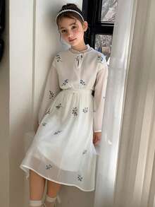 Bộ áo và chân váy ngắn in hoa mỏng nhẹ, thích hợp cho bé gái tuổi teen, mùa hè. - Màu be - Xem 5