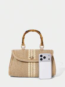 SHECARRY Ladies, Women Top Handle Bags, Straw Bag, Crossbody Bags, Bamboo Handle, Fashionable, Elegant, Simple, Personalized, Versatile, For Beach, Vacation, Holiday, Summer, Seaside - Khaki - View 4