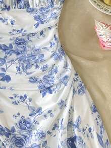 SHEIN Gaun Cami Motif Bunga dengan Ruffle di Pinggang untuk Liburan Musim Panas Anak Perempuan Remaja - Blue and White - View 5