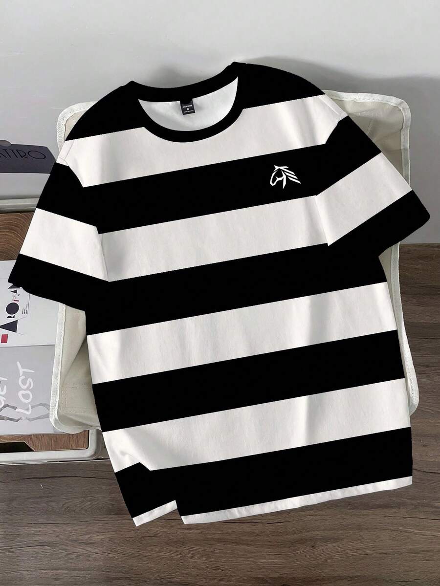 Manfinity Joysei 男士黑白条纹马年极简印花T恤 黑白图案T恤 男士黑白条纹T恤 男士T恤 - 白色 - 查看 1