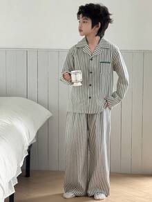 DAZY Tween Boy Comfortable Striped Button-Front Shirt And Pants Pajama Set, Autumn - Green - View 6
