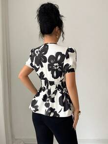 Elenzga 女士时尚优雅印花V领收腰上衣 - 彩色 - 查看 2