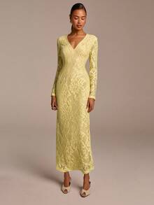 COSMINA Women's Elegant Deep V-Neck Long Sleeve Lace Waist Cinched Dress, Suitable For Vacation, Commute, Office, Outing, Date, Valentine's Day, Evening Party, Wedding Season - Yellow - View 3