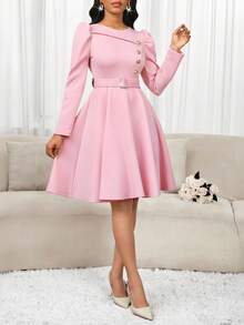 SHEIN Lady 女士优雅纯色收腰中长连衣裙，适合派对穿着 - 粉色 - 查看 6