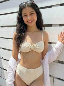 SHEIN Teen Girls Gold Clasp Jacquard Tankinis - Apricot - View 3