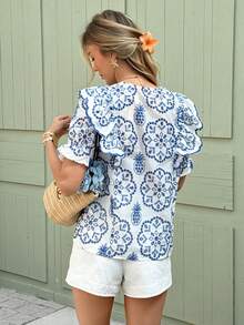 Serisse 女士圆领短袖荷叶边宽松衬衫 - 藍白色 - 查看 2