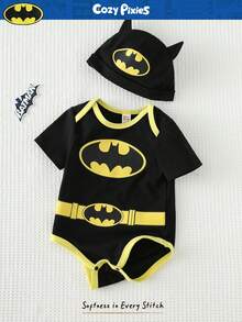 BATMAN X Cozy Pixies 2pcs Baby Boy Bat Pattern Knitted Soft Round Neck Short Sleeve Romper & Hat Set - Black - View 7