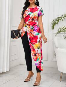 SHEIN Lady 女士圆领短袖收腰不对称下摆印花衬衫沙滩衬衫度假装扮女士上衣和衬衫工作装女士居家办公装扮印花上衣不对称上衣女士印花套装女士服装两件套女士春季套装女士流行套装女士最新套装女士度假套装女士套装女士春季套装女士连衣裙 - 彩色 - 查看 4