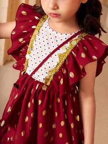 Young Girl Gold Polka Dot Pattern Round Neck Ruffle Hem Cute Dress - Multicolor - View 4