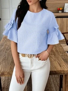 SHEIN LUNE 女士格子圆领蝴蝶结装饰休闲百搭日常衬衫 - 淺藍色 - 查看 5