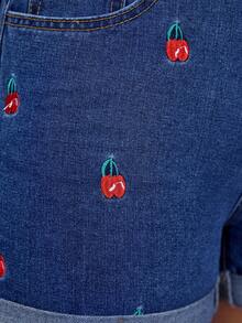 SHEIN ICON Women's Fruit Embroidered Frayed Hem Loose Denim Shorts - Medium Wash - View 6