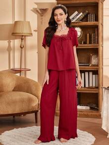SHEIN Contrast Lace Tie Front Ruffle Hem PJ Set - Burgundy - View 6