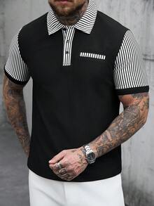 Manfinity CasualCool Men's Colorblock Striped Print Button Casual Short Sleeve Polo Shirt Golf Shirt For Men Mens Clothes Outfits Polo Shirt For Men Casual Polo Blouse For Men Retro Outfit For Men - Black - View 4