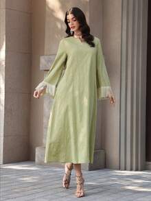 Al Najma New  Cotton Jacquard Patchwork Tassel Trim Arabic Turkish Style Long Robe - Green - View 3